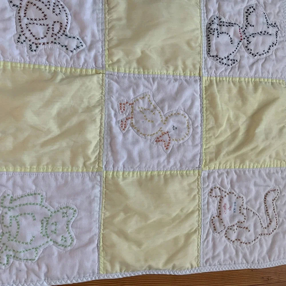 VTG Handmade Cross Stitch Baby Nursery Quilt Handmade Yellow 22x32 Dog Cat Duck